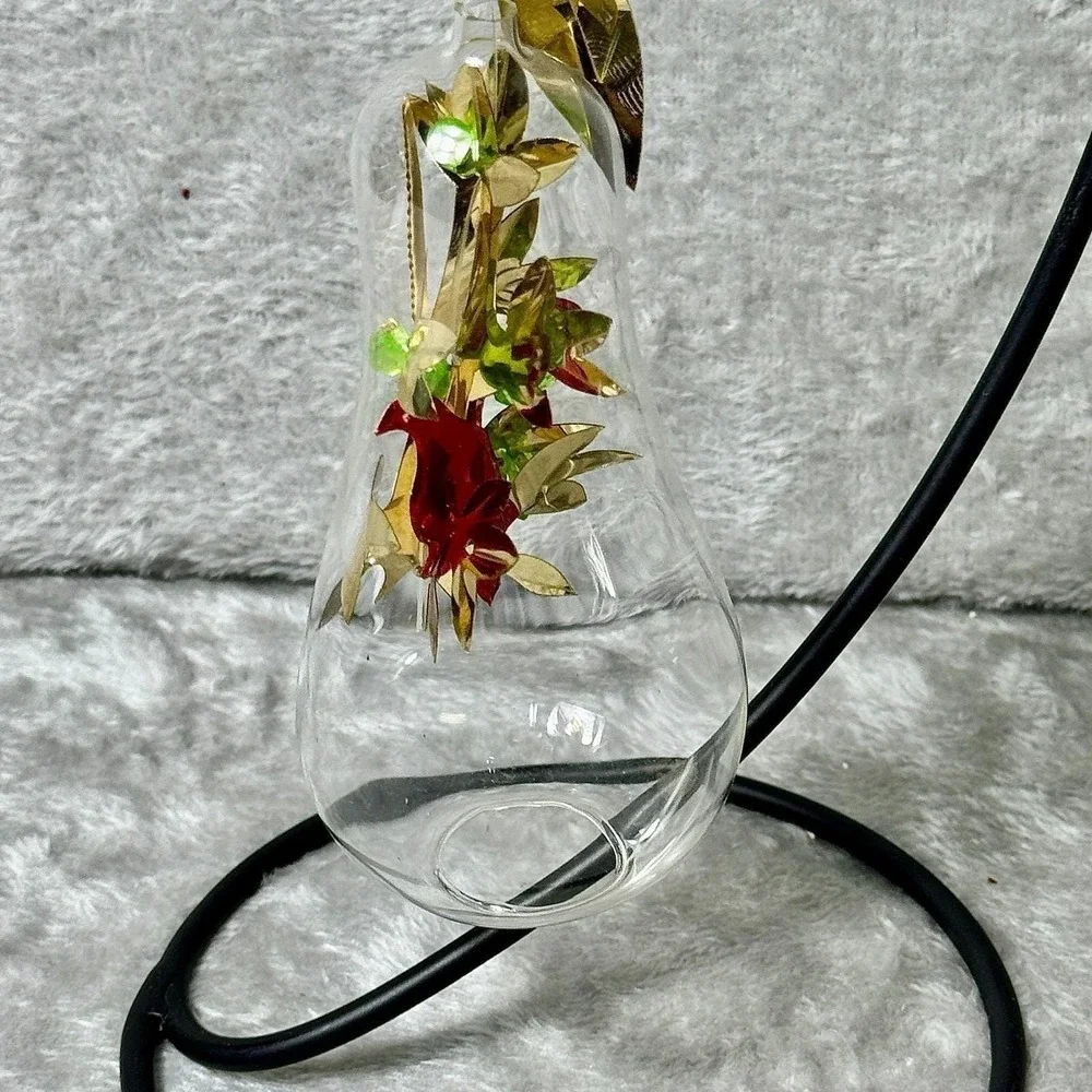 Vintage Blown Glass Teardrop Ornament Red Bird Wire Angels Gold Foil‎ Leaves MCM